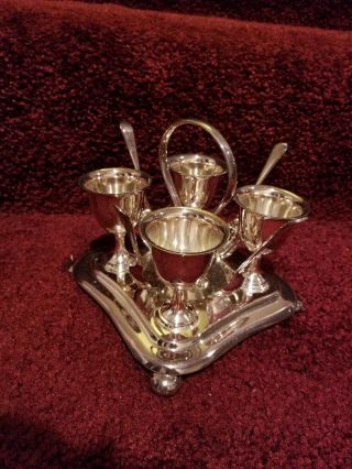 Antique Silver Plate Mh&co 4 Egg Cups With Spoon Set And Stand With Handle