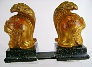 Vtg Borghese Roman Helmet Bookends Faux Marble Base Italy Galea Gladiator 2
