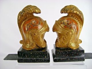 Vtg Borghese Roman Helmet Bookends Faux Marble Base Italy Galea Gladiator 4