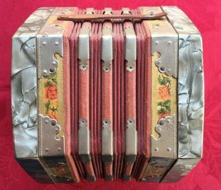 Vintage Red And Pearled Silver Scholer Concertina Accordion Hand Harmonica