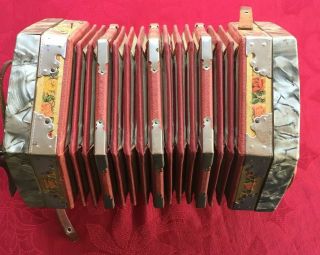 VINTAGE RED and PEARLED SILVER SCHOLER CONCERTINA ACCORDION HAND HARMONICA 6