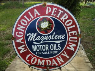 Old Vintage 1930 Magnolia Motor Oils Porcelain Enamel Gas Pump Sign