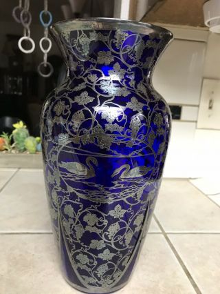 Rare Cambridge Royal Blue Depasse Pearsall Silver Overlay Decorated Vase