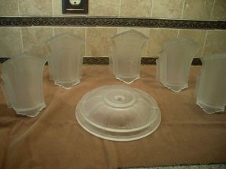 Antique Art Deco Frosted Glass Slip Shade Set of 5 plus Center Shade 2