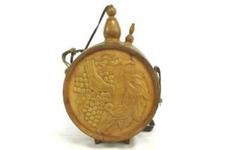 Carved Vintage Wooden Canteen With Stopper Leather Straps Birds Grapes