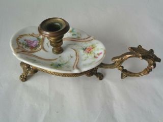 Antique 19 Century French Brass And Porcelain Chamber - Stick Candlestick Holder