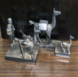 Antique Peruvian Sterling Silver Sculpture Llama Pack,  Dog,  & Herder (marked)