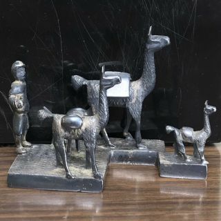 Antique Peruvian Sterling Silver Sculpture Llama Pack,  Dog,  & Herder (Marked) 2