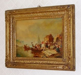 Antique Painting Oil On Wooden Panel Maritime Harbour Scene Dutch Circa 1890