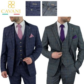 Mens Cavani Tweed Check Vintage Tailored Fit 3 Piece Suit Wedding Fashion Suits