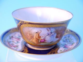 Antique Sevres Cup And Saucer - Love Story,  Courting Couple With Roses & Flowers
