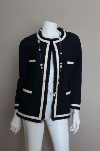 Vtg Chanel Boutique Blue Wool Leather Trim Fringe Jacket Blazer Sz 40