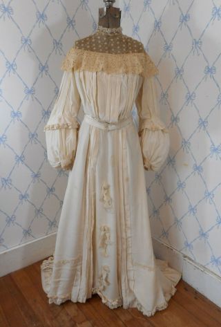 Delicate Antique Victorian Wedding Dress Gown Silk Beading Pleats Train Classic