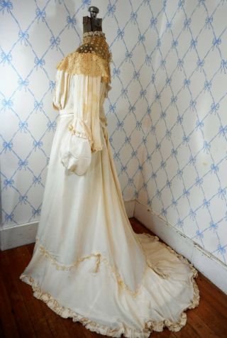 Delicate Antique Victorian Wedding Dress Gown Silk Beading Pleats TraIn Classic 2