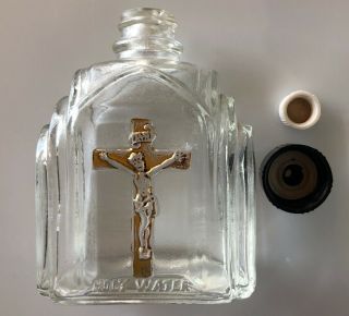 Vintage Church Glass Bottle Holy Water Gold Gilt Crucifix Cross Bakelite Top
