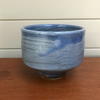 Wayne Ngan Vintage Canadian Studio Pottery Blue Glaze Tea Bowl With Incised Chop