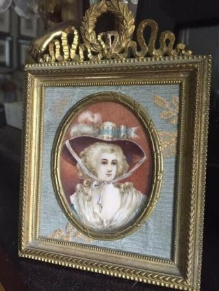 Signed Fine Antique Painted French Portrait Miniature Ornate Gilt Bronze Frame