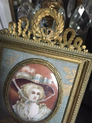 Signed fine antique painted French portrait miniature Ornate gilt bronze frame 3