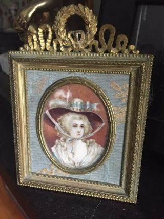 Signed fine antique painted French portrait miniature Ornate gilt bronze frame 8