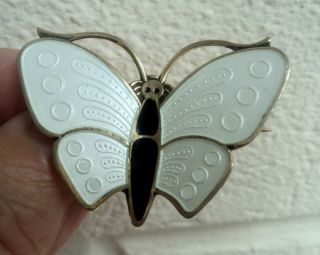 Norwegian Silver & White / Black Enamel Butterfly Brooch - Aksel Holmsen Norway