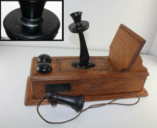 Antique Kellogg Tiger Oak Wood Raised Panel Crank Wall Phone Brass Bells Rings
