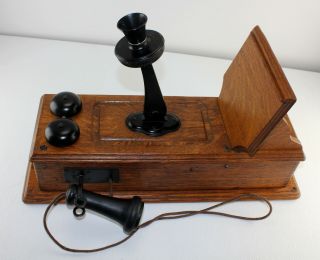 Antique KELLOGG Tiger Oak Wood Raised Panel Crank Wall Phone Brass Bells RINGS 2