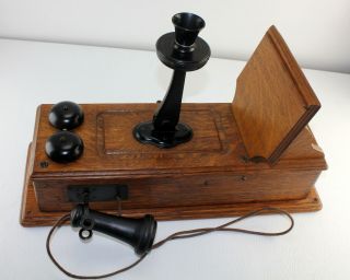 Antique KELLOGG Tiger Oak Wood Raised Panel Crank Wall Phone Brass Bells RINGS 3