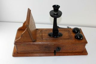 Antique KELLOGG Tiger Oak Wood Raised Panel Crank Wall Phone Brass Bells RINGS 7