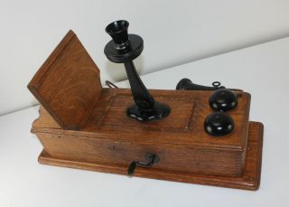 Antique KELLOGG Tiger Oak Wood Raised Panel Crank Wall Phone Brass Bells RINGS 8