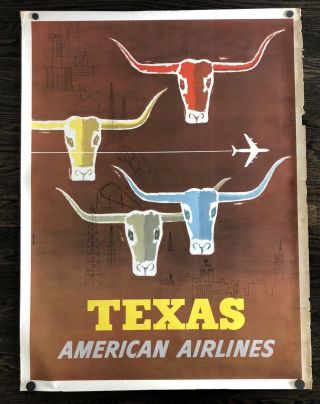 Vintage Poster Texas - American Airlines Airline Travel 1960s Mcm