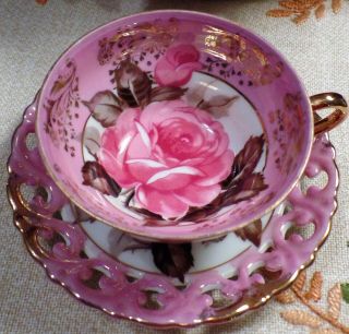 Royal Sealy Bold Pink Rose Reticulated Iridescent 3 Footed Pink Cup & Saucer