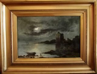 Wilson 1915 Antique Scottish Noctune Marine Oil Painting Moonlight On The Castle