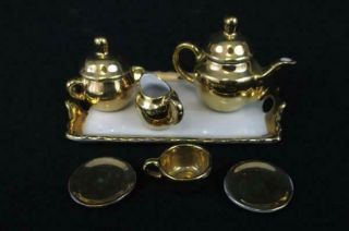 Vintage 9 - Piece Miniature Porcelain Tea Set White Gold Decorative W/ Tray
