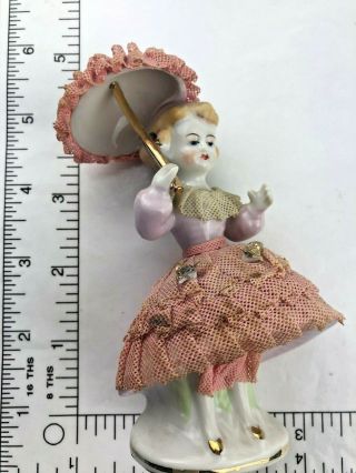 Vintage Victorian Girl Figurine With Umbrella Yellow Lace Dress Dresden?