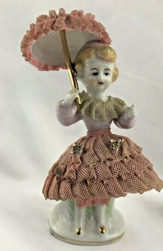 Vintage Victorian Girl Figurine with Umbrella Yellow Lace Dress Dresden? 3