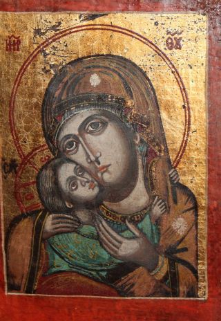 Vintage Virgin Mary And Christ Child Orthodox Hand Painted Tempera Wood Icon