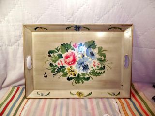 Vtg Antiqued White Hand Painted Tole Toleware Metal Handled Tray Flowers