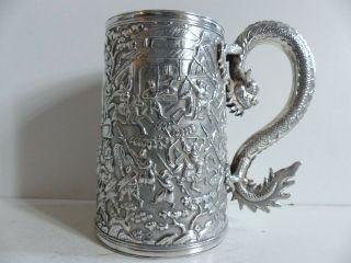 Antique Chinese Solid Silver Dragon Handle Mug W.  Warriors 1850 