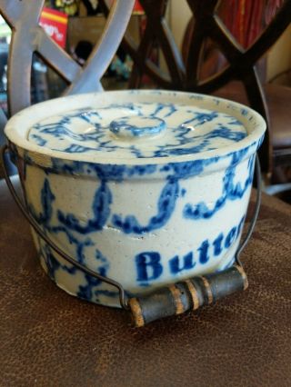 Vintage Blue & White Stoneware Pottery Spongeware Butter Crock