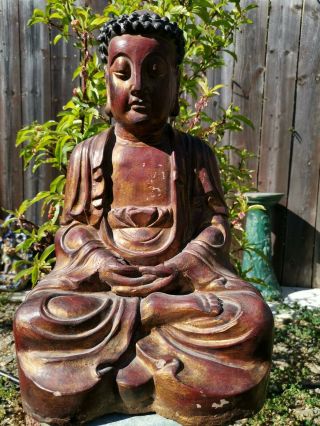 Estate Old Chinese 18th Gold Gilt Wood Carved Buddha Asian China