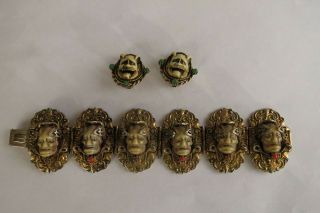 Vintage Selro Chinese Face Link Bracelet & Clip Earrings