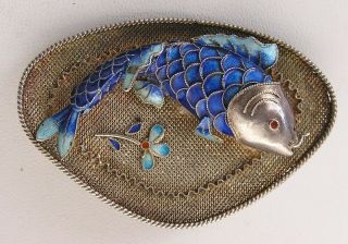 Rare Antique/vintage Sterling Chinese Enamel Koi Fish On Filigree Net Back Pin