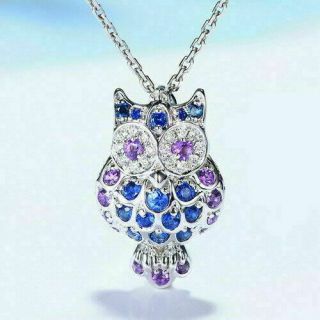 0.  54ct 100 Natural Diamond 10k Gold Blue Purple Sapphire Owl Pendant Pwg102 - 5