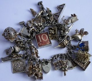 Vintage Solid Silver Charm Bracelet & 29 Charms.  Rare,  Open,  Move.  107.  3g