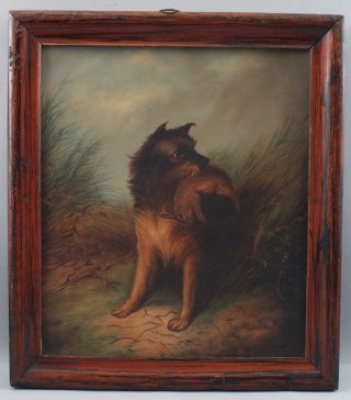19thc Antique Chapman American Folk Art Oil Painting,  Terrier Dog Hunting Rabbit
