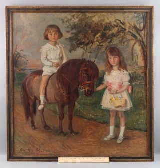 Antique Carl Von Blaas Portrait Oil Painting Brother,  Sister & Shetland Pony