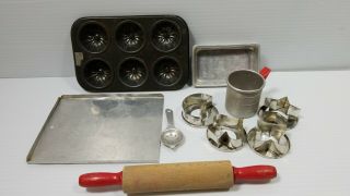 Vintage Child’s Baking Set Toys Metal Pans Rolling Pins Cookie Cutters
