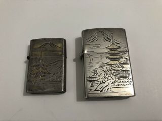 2 Vintage Matching Sterling Silver Zippo Like Lighters - Asian Hand Carved Design