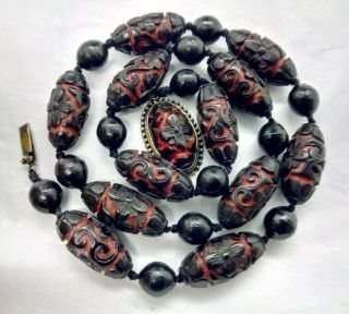 Chinese Black and Red Cinnabar Lacquer Bead Necklace W/ Silver Clasp & Bracelet 5