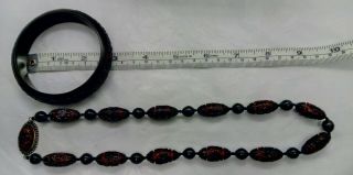 Chinese Black and Red Cinnabar Lacquer Bead Necklace W/ Silver Clasp & Bracelet 7